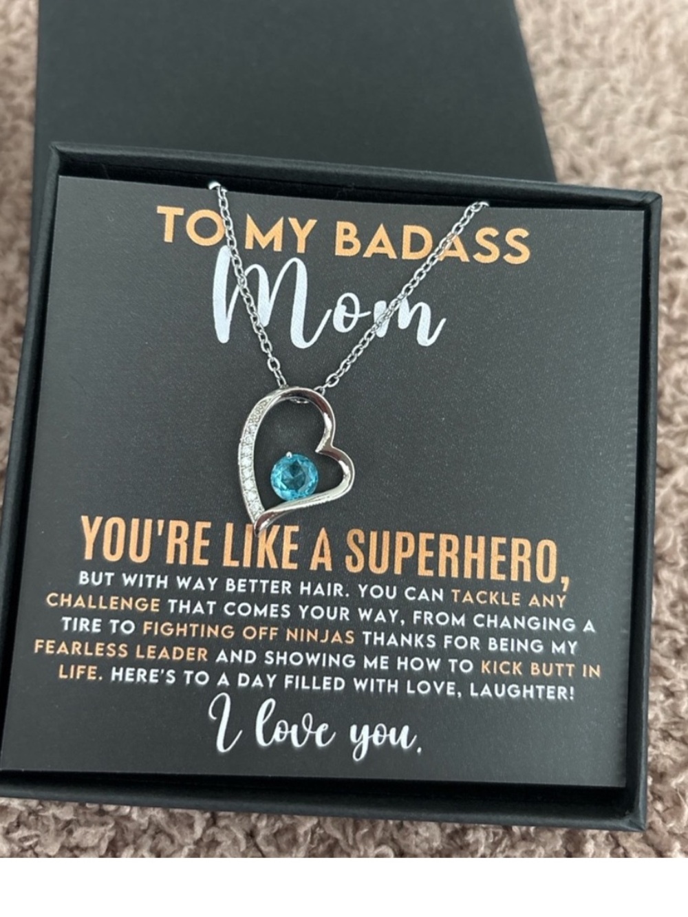 🔅5/$20 Badass Mom Heart Necklace Gift – Blue Stone Pendant w/ Message Card